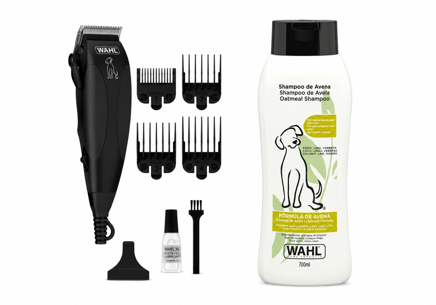 Combo Wahl Cortadora Pet Clipper Kit 9 Piezas 09653-718 + Shampoo Fórmula de Avena