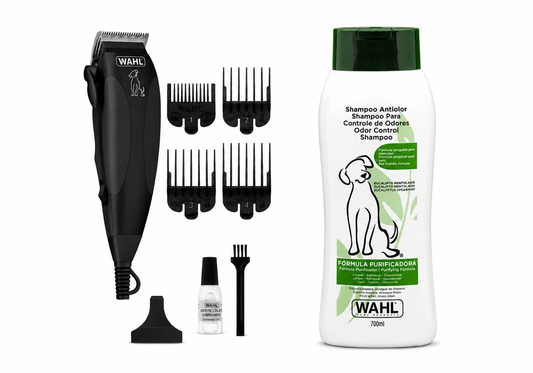 Combo Wahl Cortadora Pet Clipper Kit 9 Piezas 09653-718 + Shampoo Fórmula Anti Color