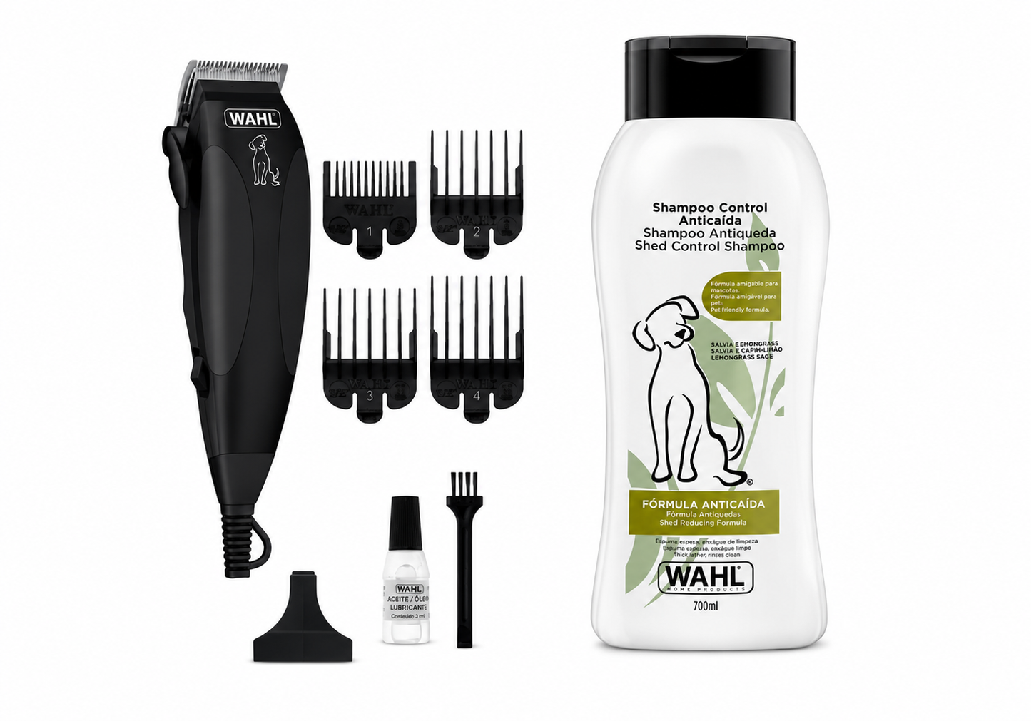 Combo Wahl Cortadora Pet Clipper Kit 9 Piezas 09653-718 + Shampoo Fórmula Anticaída